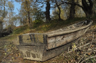Ahşap tekne kıyıda palamarla. Bir sonbahar günü