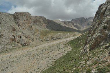 Toros Dağları. Türkiye. Dik kayalıklarla ve gorge. Karla kaplı tepeler