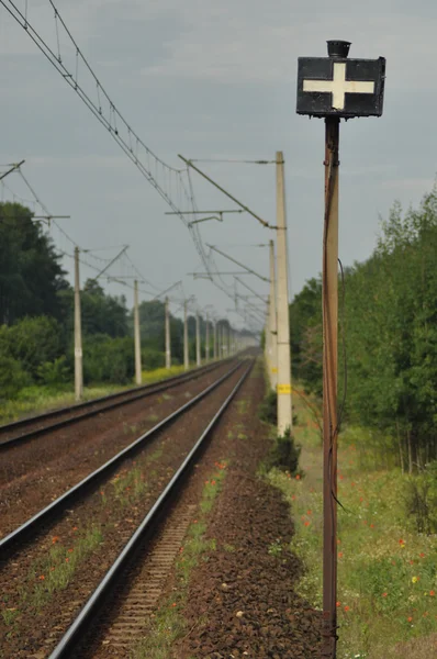 Bahngleise an der Böschung. Elektrische Eisenbahn mit Masten — Stockfoto