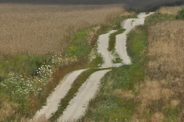 Eine Landstraße durch Ackerland. sandigen Hügeln auf dem Weg. Landschaft. — Stockfoto