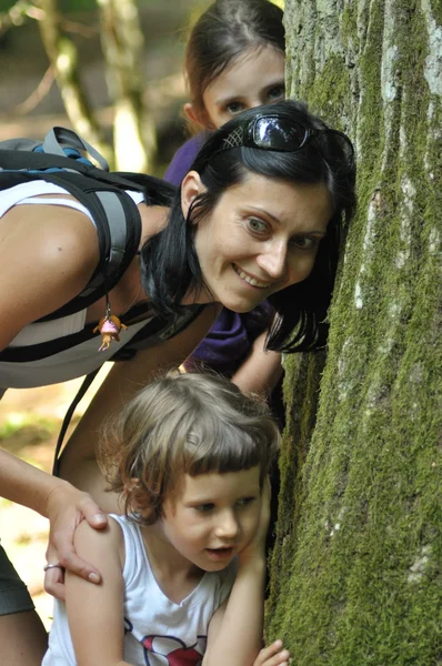 Family, mother with her daughter and son on a trip in the woods — Stock Photo, Image