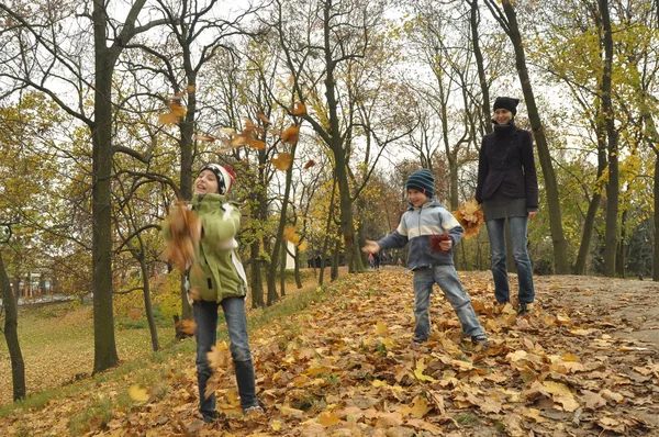 Family, mother with her daughter and son on a trip to the park — Stock Photo, Image