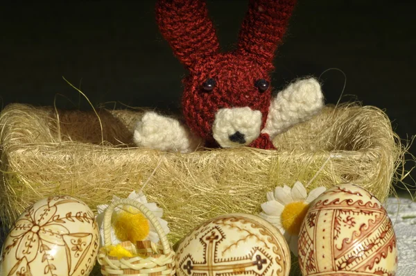 Easter. Symbols of Christmas. Rabbit, chicken and eggs. Willow twig. — Stock Photo, Image