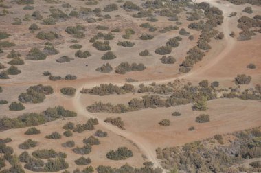 Dolambaçlı bir toprak yol, alçak çalılar ve seyrek bitkilerle dolu geniş bir alanı kesiyor. Arazi, berrak bir gökyüzü altında toprak tonları sergiliyor, sakin bir açık hava manzarası yaratıyor..