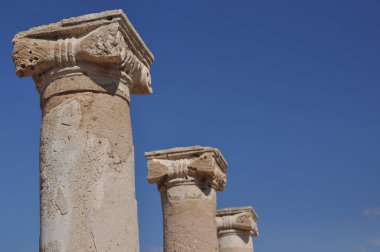 Yıpranmış sütunlar parlak mavi bir gökyüzü altında görkemli bir şekilde yükseliyor, tarihi bir alanın kalıntılarını sergiliyorlar. Güneş ışığı, onların eski ihtişamlarını yansıtan karmaşık ayrıntılarını vurgular..