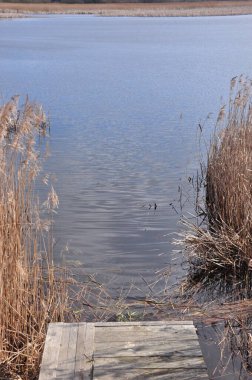 Uzun otlarla çevrili, sakin suyun üzerinde bir ahşap iskele uzanır. Sakin bir günde berrak gökyüzü huzurlu gölde yansıtılır. Doğanın sükuneti aşikar..