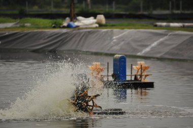 Bir su türbini gölette hızla döner, bulutlar gökyüzünde toplanırken dalgalar ve sıçramalar yaratır. Yakın yapılar, su yönetimine odaklı doğal bir ayar öneriyor.