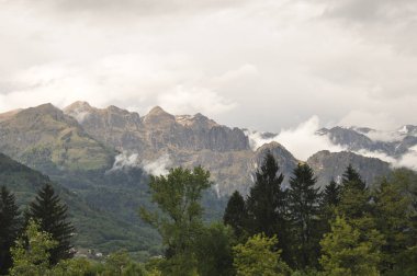 Bereketli yeşil ağaçlar, kısmen bulutlar tarafından gizlenen yüksek dağların nefes kesici bir görüntüsünü oluşturur. Sahne, öğleden sonra ışığında doğanın sükunetini yakalar..