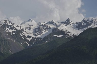 Görkemli karla kaplı zirveler, yemyeşil ormanlar ve bulutlu gökyüzüyle çevrili, ufuk çizgisine hakim. Sahne, uzak dağ güzelliğinin ve sükunetin özünü yakalıyor..