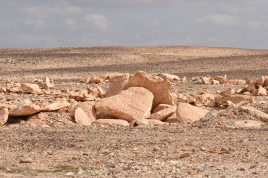 Uçsuz bucaksız bir çöl bölgesinde kuru zeminde çeşitli dağılmış kayalar bulunur. Manzara, bulutlu bir gökyüzünün altında bej tonların ve uzak tepelerin bir karışımını sergiliyor..