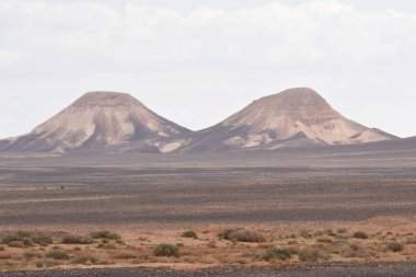 Düz bir çöl arazisinden yükselen iki farklı volkanik tepe. Tepeleri çevreleyen çalılar, dramatik atmosferi yükselten bulutlu bir gökyüzü ile manzarayı noktalıyor..