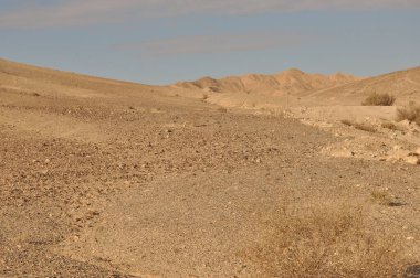 Uçsuz bucaksız kuru bir çöl, kayalık yüzeyleri ve seyrek bitki örtüsüyle ön planda uzanır. Gün ortası gibi açık mavi bir gökyüzünün altında yumuşak tepeler yükselir..