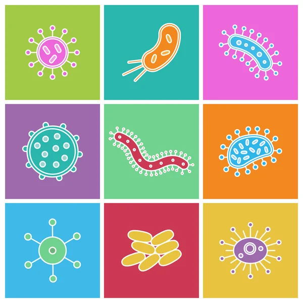 Conjunto de iconos de gérmenes y bacterias - ilustración vectorial — Vector de stock