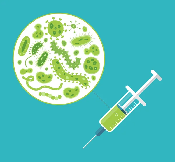 Şırınga ve yeşil mikroplar. Vektör çizim. Tıbbi geçmişi. — Stok Vektör