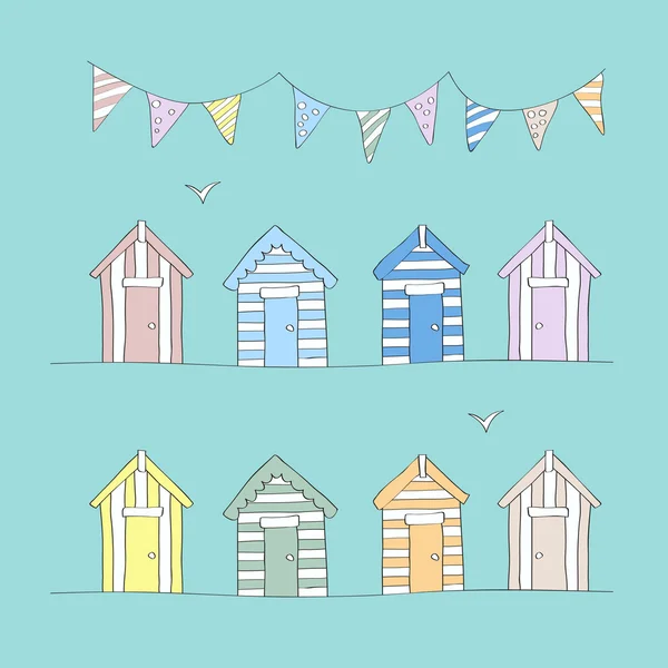 Cabanes de plage dessinées à la main & Bunting — Image vectorielle