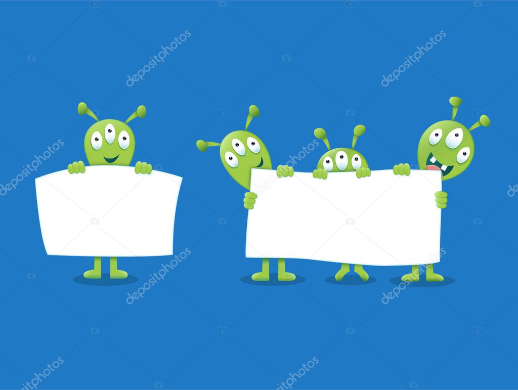 Cute Aliens holding a white sign