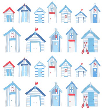 Elle çizilmiş mavi ve kırmızı plaj kulübe