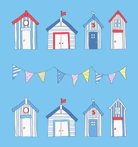 Hand getrokken strand hutten & Bunting — Stockvector