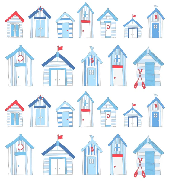 Elle çizilmiş mavi ve kırmızı plaj kulübe