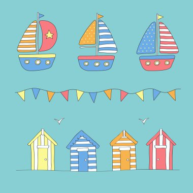 Plaj kulübe, kiraz kuşu ve yelkenli tekneler