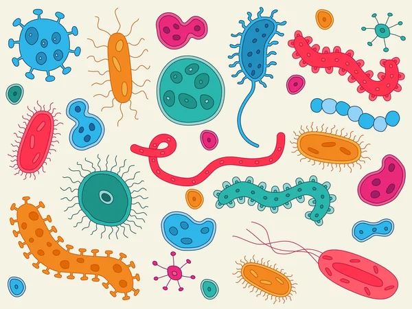 Kleurrijke Hand getrokken bacteriën — Stockvector