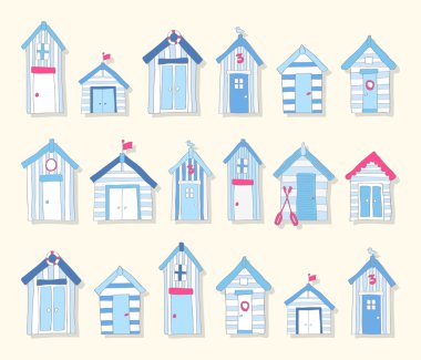 Elle çizilmiş mavi ve pembe plaj kulübe hafif bir arka plan üzerinde