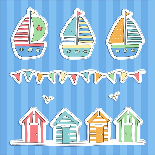 Strand hutten, bunting & zeilboten — Stockvector