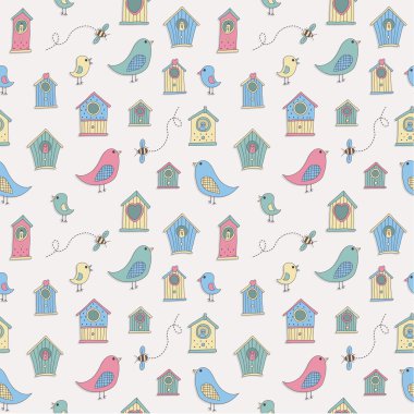 A set of cute bird houses and birds in a repeat pattern