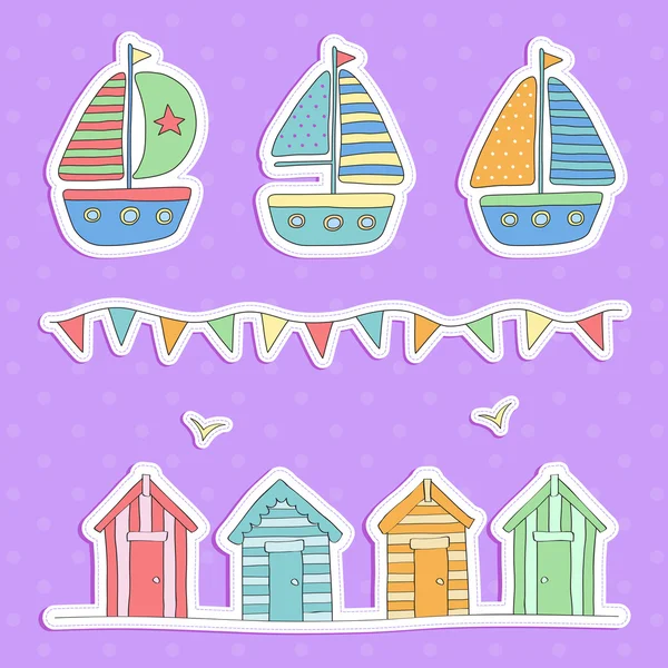 Beach huts, bunting and sailing boats — Stockvector