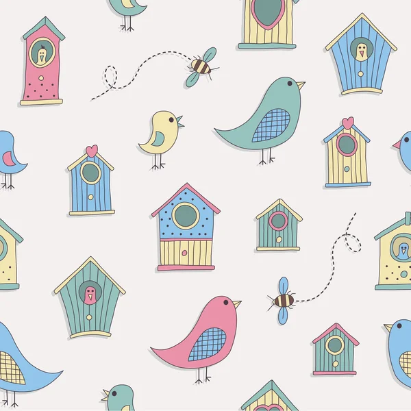 A set of cute bird houses and birds in a repeat pattern — Wektor stockowy