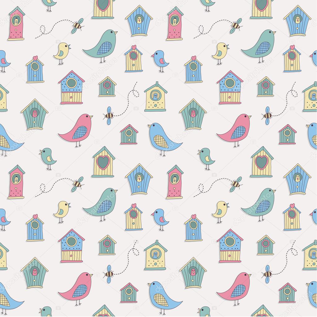 A set of cute bird houses and birds in a repeat pattern