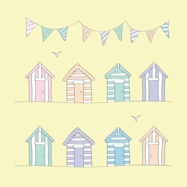 Cabanes de plage dessinées à la main & Bunting — Image vectorielle