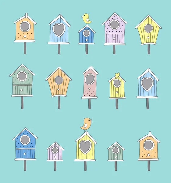 Un ensemble de maisons d'oiseaux dessinées à la main — Image vectorielle