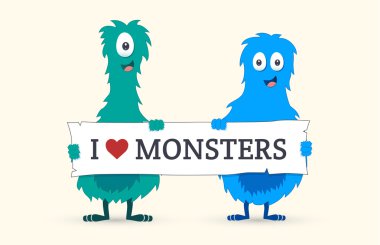 Sevimli Canavarlar Holding canavarlar işareti - vektör çizim bir ben seviyorum