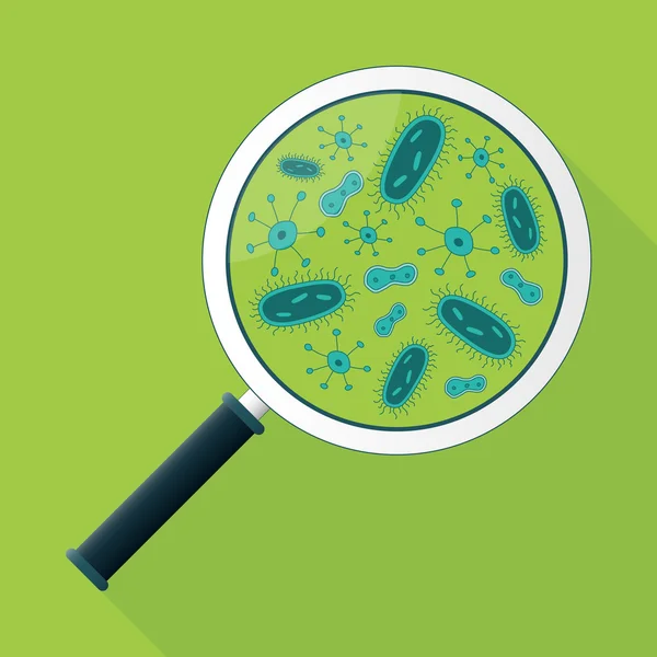 Büyüteç ve bakteri üzerinde yeşil bir arka plan illüstrasyon vektör