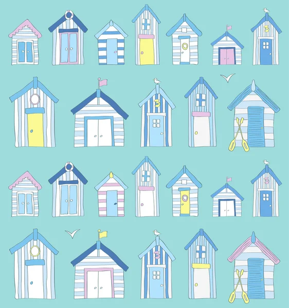 Cabanes de plage bleu, rose et jaune dessinées à la main — Image vectorielle