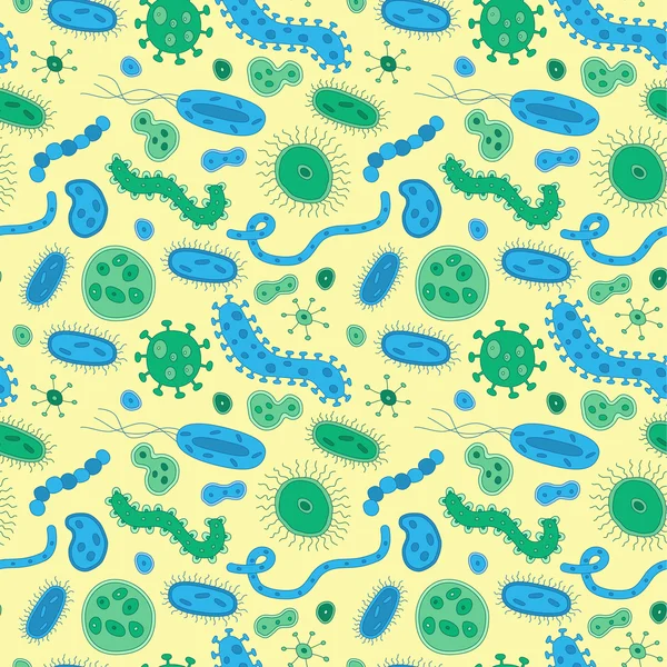 Mavi ve yeşil mikroplar sarı bir arka plan üzerinde