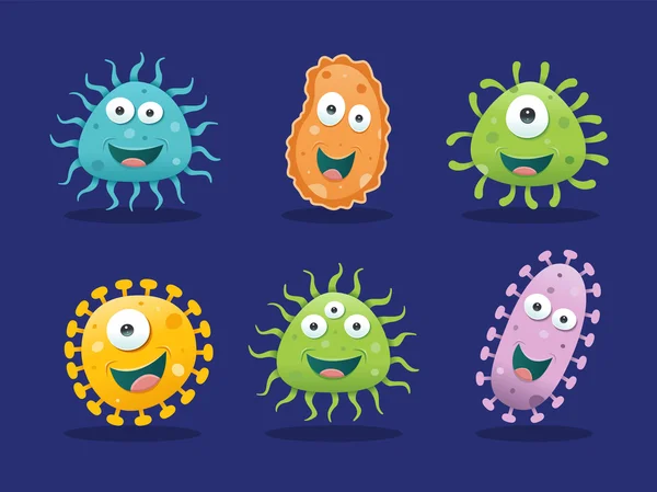 Uppsättning av bakterier illustrationer - blått, orange, grön, gul och lila — Stock vektor