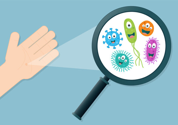 Colorful germs on a hand being viewed in a magnifying glass - Vector illustration