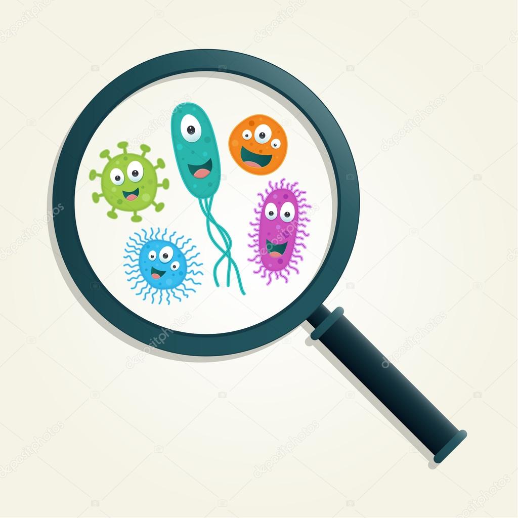 Colorful germs and magnifying glass - Vector illustration