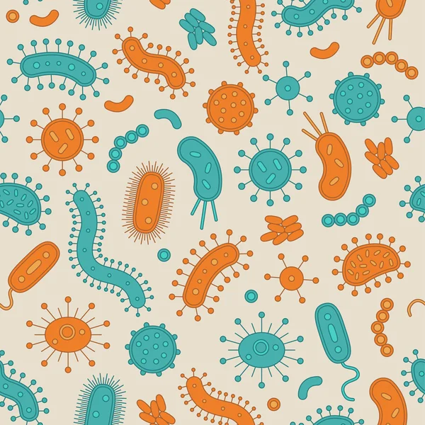 Зеленые и оранжевые бактерии в повторяющемся рисунке - векторная иллюстрация — стоковый вектор