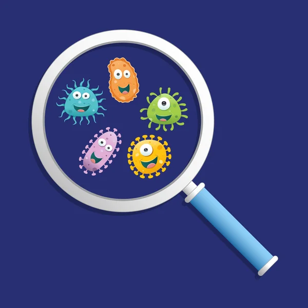 カラフルな細菌と青色の背景のベクトル図に虫眼鏡 — ストックベクタ