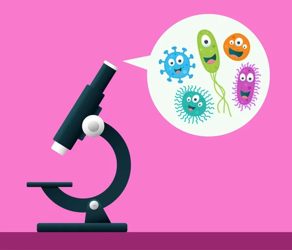 Microscope viewing cute colorful bacteria — Stock Vector