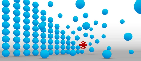 3D rendering of vertical pattern or grid made of blue spheres being shatter by red coronavirus spheric model. Abstract business and economic decline concept. Finance market change.