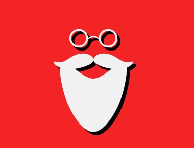 3 boyutlu illüstrasyon, beyaz sakal ve gözlük, kırmızı arka planda Noel Baba 'nın gülen yüzü. Uzayı kopyala Noel temalı kart, afiş veya arkaplan.