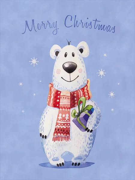 Χριστουγεννιάτικη Κάρτα Πολική Αρκούδα Ένα Κόκκινο Μαντήλι Ένα Δώρο — Φωτογραφία Αρχείου