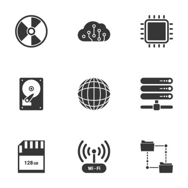 Bilgisayar teknolojisi ve veri alışverişinde vektör illüstrasyonu. Beyaz arkaplan