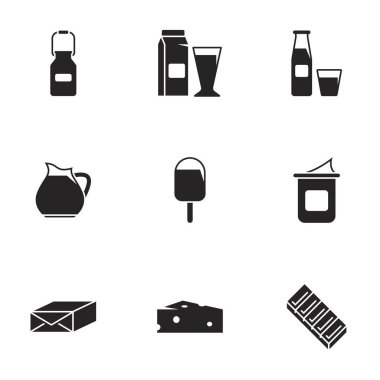 Süt, vektör, set teması için simgeler. Beyaz arkaplan