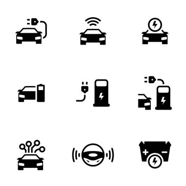 Set of simple icons on a theme Driverless autonomous car. Electric powered car, vector, set. White background clipart