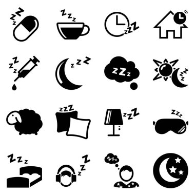 Bir tema üzerinde basit simgeler kümesi Uyku, yatak odası, ev, aydınlatma, gece, vektör, set, düz, işaret, nesne